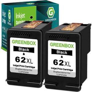 GREENBOX 62XL Black Ink Cartridge Replacement for HP 62XL High Yield Ink Cartridge 62 XL for Envy 5663 5660 5540 7640 OfficeJet 5740 5746 8040 OfficeJet Mobile 250 200 258 for Printer Ink 62, 2 Pack