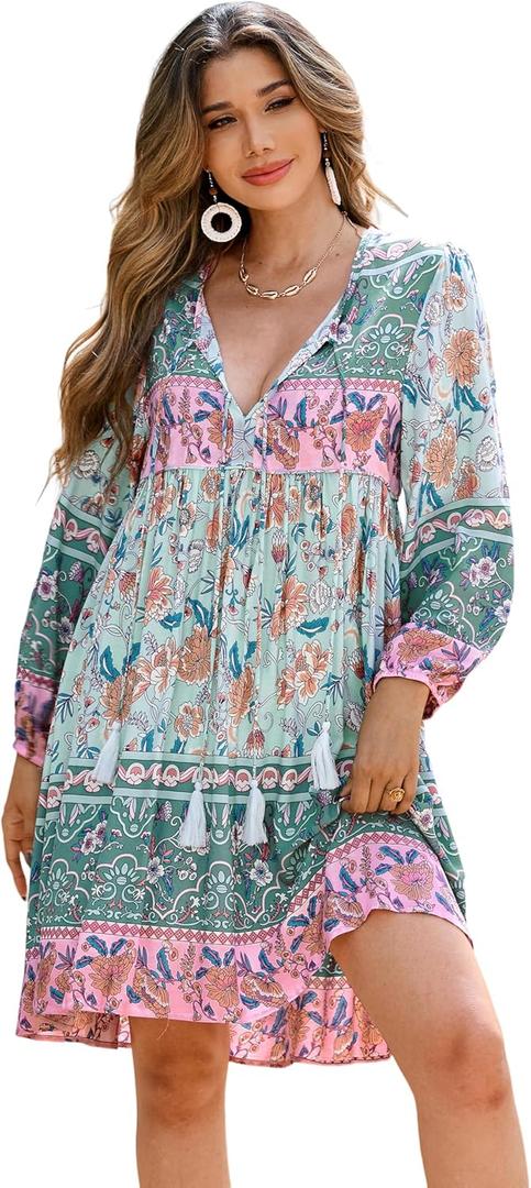 R.Vivimos Womens Long Sleeve Floral Casual Print Cotton Mini Tunic Dress (Green, M)