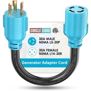 CircleCord NEMA L5-30P to L14-30R Adapter Cord, 4 to 3 Prong Generator Transfer Switch Adapter, 30 Amp Generator Twist Lock 3 to 4 Prong House Inlet Box, STW 10 AWG Blue