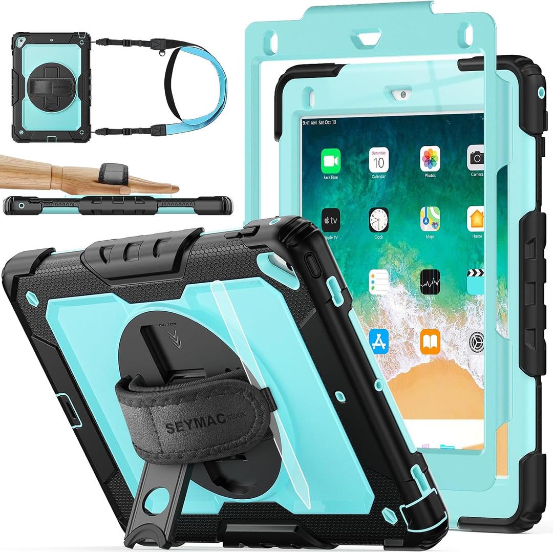 SEYMAC stock Case for iPad 6th / 5th Generation Case/Air 2 / Pro 9.7 inch, Heavy Duty Protective with Screen Protector, with Pencil Holder, Hand Strap, Shoulder Strap, 360 Rotate Stand, SkyBlue+Black