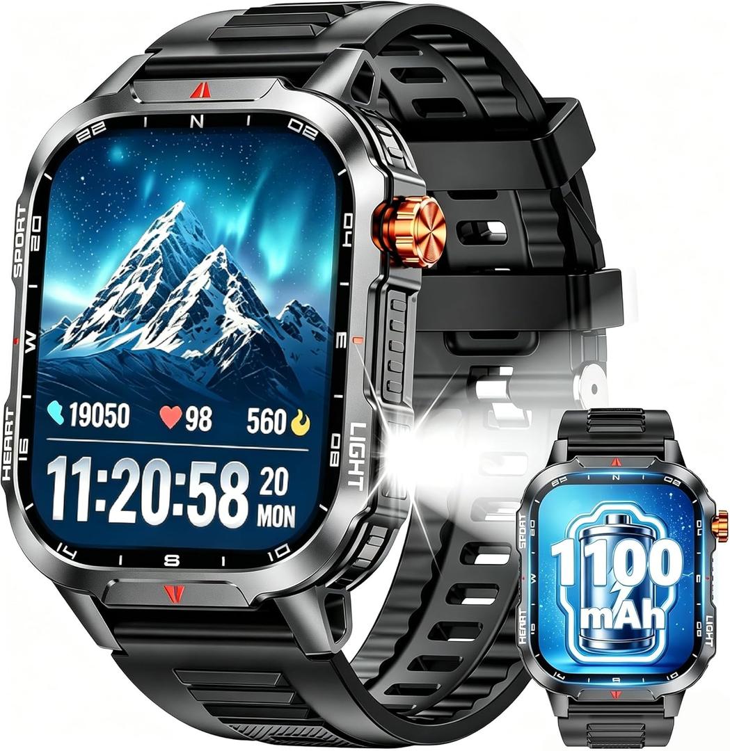 Hwagol Smart Watches for Men, 30 Days Battery/ Flashlight/ Compass, 2.01 inch HD Display Military Smart Watch, IP68 Waterproof Fitness Tracker with Heart Rate, Sleep Monitor, for Android & iOS