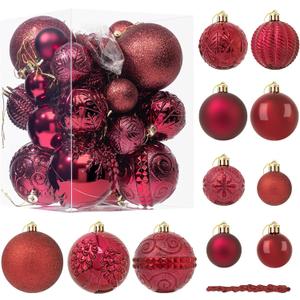 41PCS Burgundy Christmas Ornaments Set - Shatterproof Christmas Tree Ornaments with Icicle for Holiday Party - Vintage Xmas Decorations in 4 Sizes