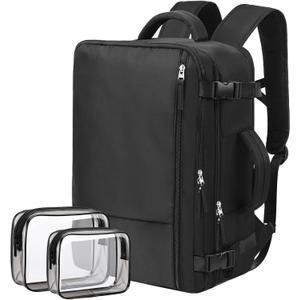 Hanples Travel Backpack for Women Men Large Carry On Person Item Flight Approved 17 In Laptop Backpack Waterproof anti theft Casual Luggage with 2 Toiletry Bag(Black)