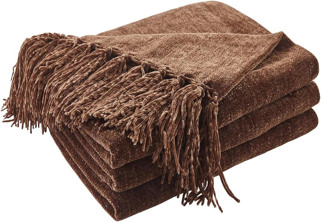 CozeCube Chenille Throw Blanket for Couch, Cozy Plush Fuzzy Decorative Dark Brown Blanket with Fringe Tassels, Lightweight Throws for Bed Sofa Gift Home Decor, 50"X60"