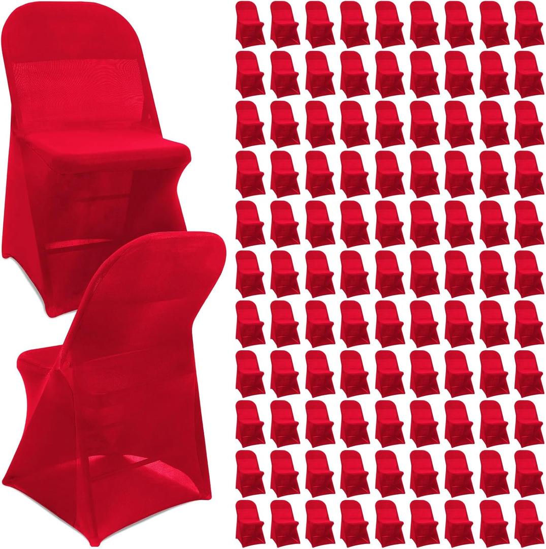 Newwiee 100 Pcs Spandex Chair Covers Bulk - Stretch Folding Flat Front Fitted Universal Chair Protector Pack Removable Washable for Wedding Party Dining Banquet Event (Red)