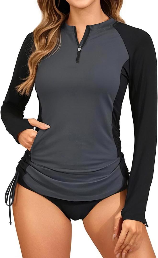Daci Women Rash Guard Swim Shirt Long Sleeve Swimsuit UPF 50 Without Shorts Bathing Suits (Medium, Gray and Black)