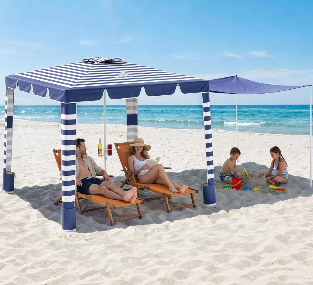 Rhino Valley Beach Cabana, 120 Sq. Ft Beach Canopy UPF50+ Protection, Easy Setup & Adjustable Height Beach Tent Sun Shelter with Cup Holder, Portable for 4-8 People, Blue & White Stripes