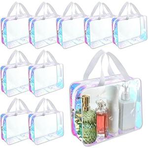Sweetude 10 Pcs Large Clear Toiletry Bag Large Capacity Travel Iridescent Makeup Bag PVC Clear Plastic Tote Punch Cosmetic Clothes Organizer for Women Men (White)