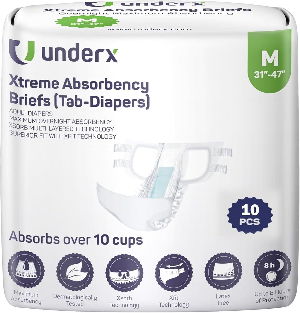 UnderX Xtreme Absorbency Adult Briefs with Tabs - Maximum Absorbency - Heavy-Duty Overnight Briefs for Men and Women - Leak-Proof Protection Absorbent - Comfortable, Latex-Free (Medium) 10 PCS