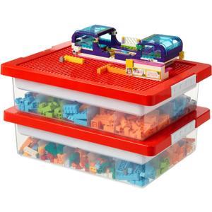 Toys Storage Organizer Box for Lego, Toy Box with Building Plate Lid and Removable Tray, Building Block Storage, Stackable Plastic Organizer Bins (LGB2-RR)
