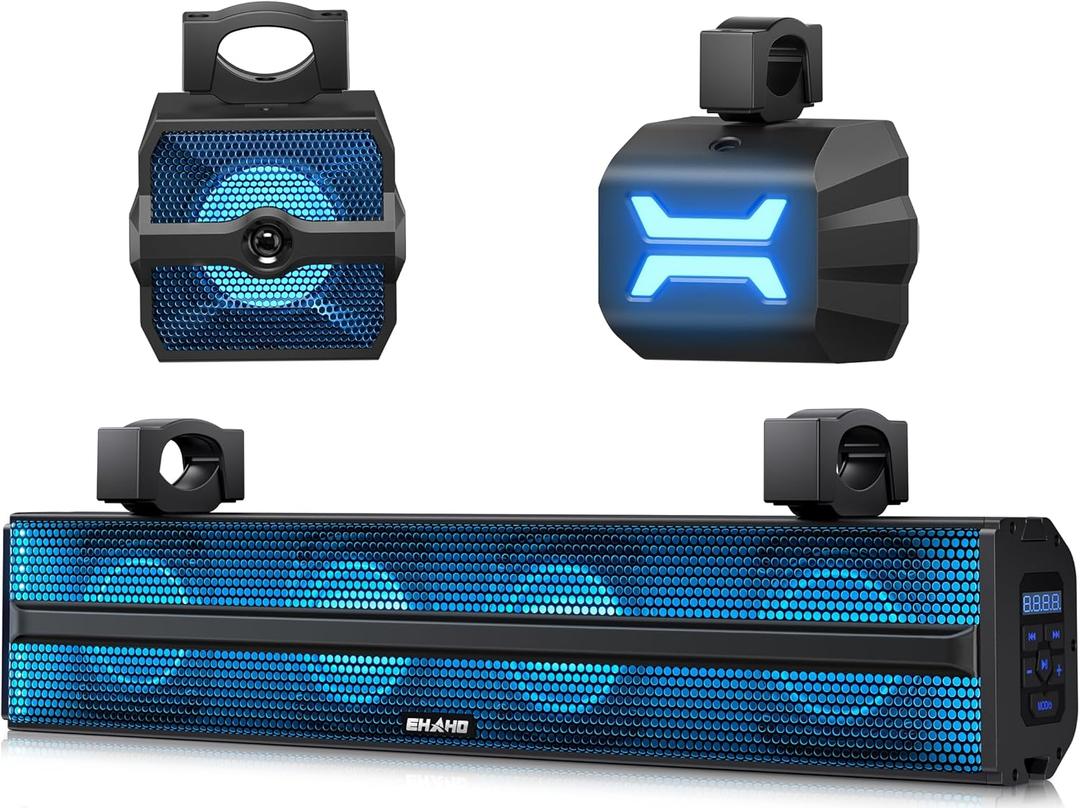 Ehaho 2.1CH Stereo UTV Sound Bar (Subwoofer) and Speakers, 26 Inch Bluetooth ATV Soundbar with RGB Lights, Waterproof Golf Cart Speakers, Marine Sound bar Compatible with SXS Polaris RZR Can-Am