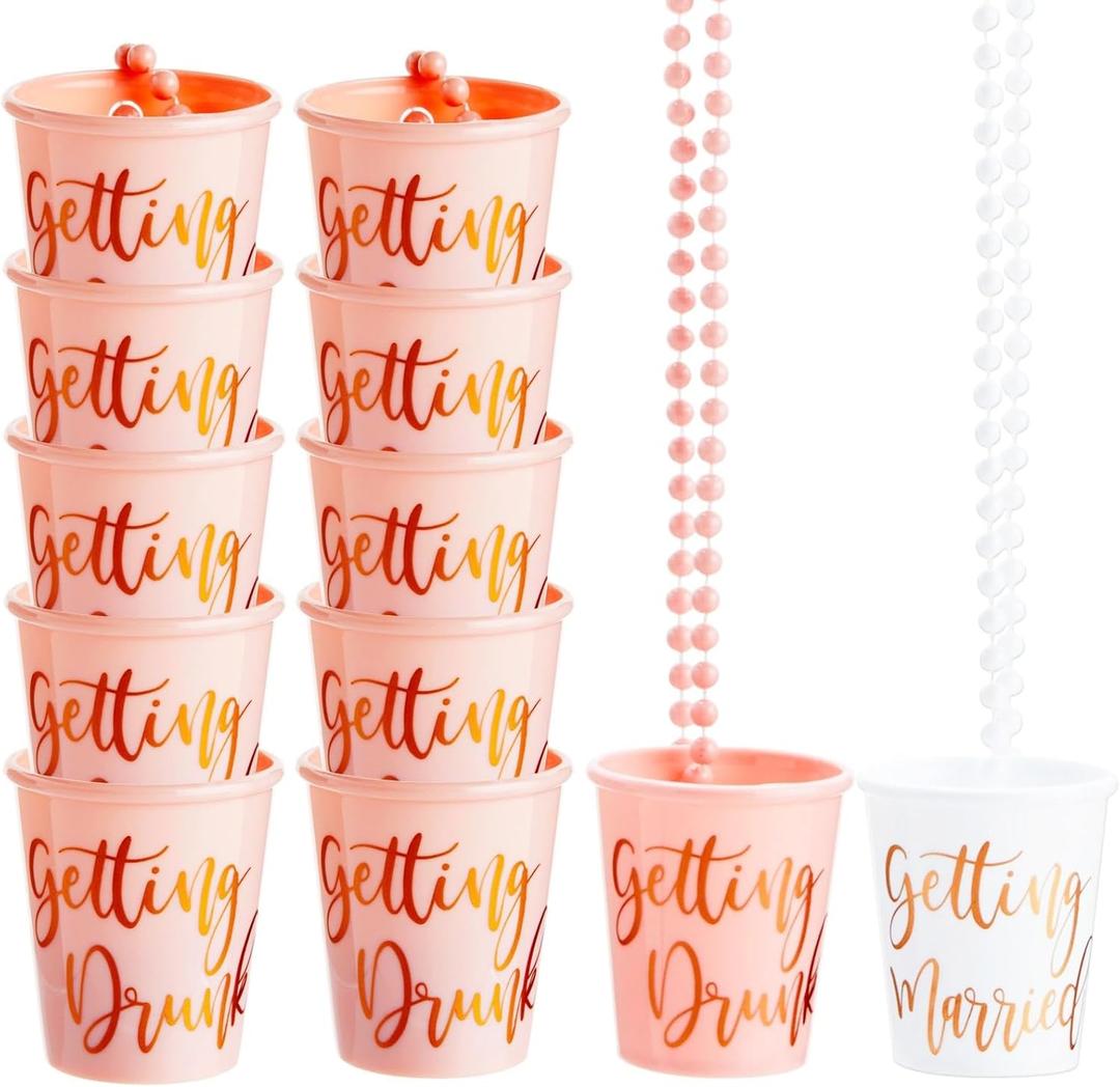 Sparkle and Bash Set of 12 Beaded Bachelorette Shot Glass Necklaces for Bridal Shower, White Bride Cup and Pink Bridesmaids Glasses, Gold Foil Design