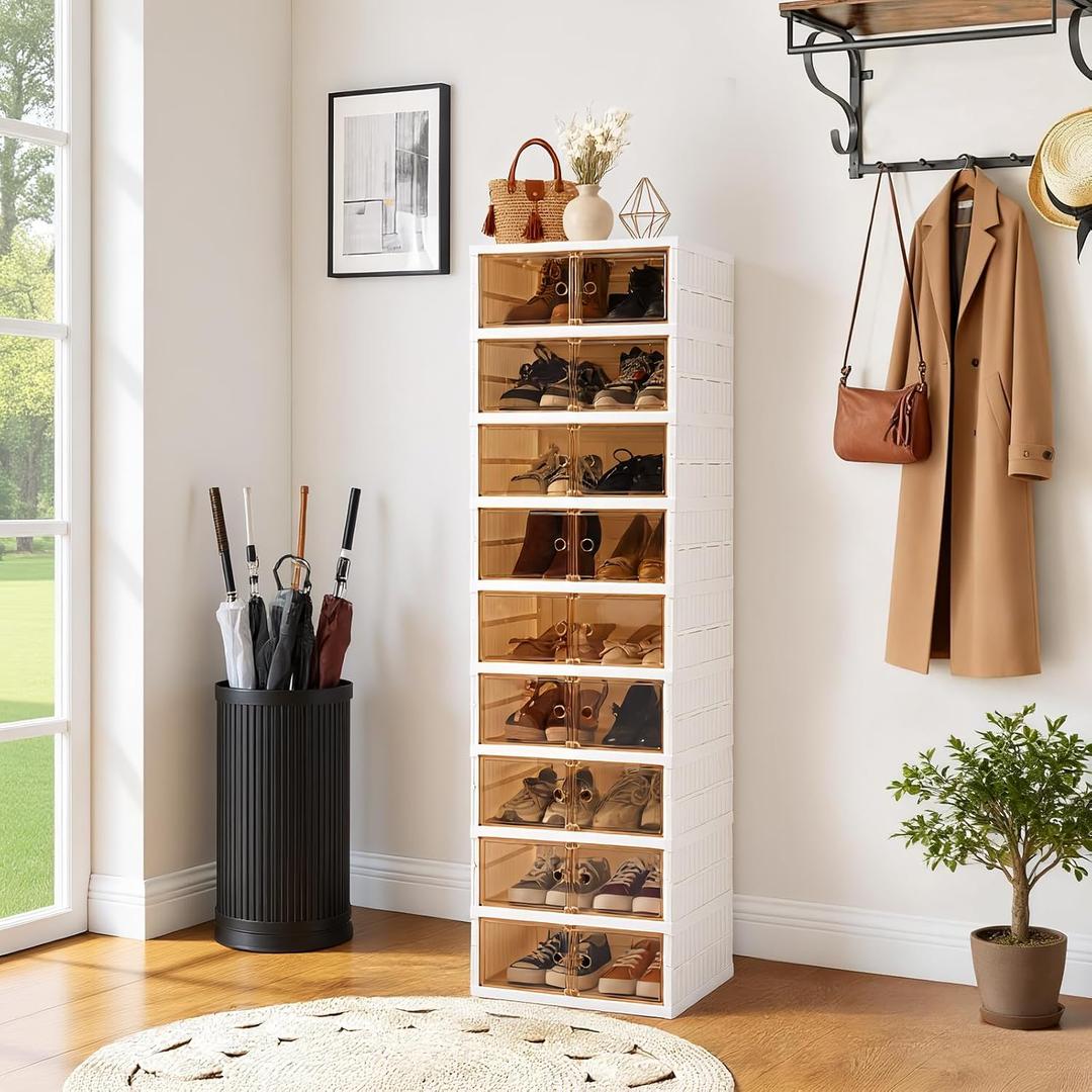 Collapsible Shoe Rack Organizer Foldable Shoe Cabinet with Doors, Large Plastic Folding Shoe Cabinet, Easy Assembly Shoe Shelves Organizer for Entryway (9Tiers,18Pairs)