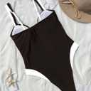 WDIRARA Women's Contrast Trim One Piece Swimsuit Spaghetti Strap High Cut Swimwear (Brown, XL)