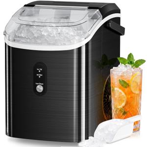 Nugget Countertop Ice Maker with Soft Chewable Ice, 34Lbs/24H, Pebble Portable Ice Machine with Ice Scoop, Self-Cleaning, One-Click Operation, for Kitchen,Office Stainless Steel Black