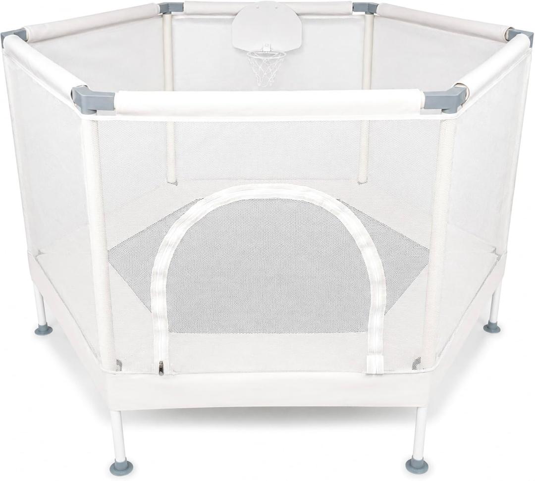 Kids Trampoline, Aesthetic Indoor and Outdoor Toddler Trampoline with Safety Net, Basketball Hoop, 220lb Capacity, Ultra Safe No-Gap Design, Gifts for Boys & Girls