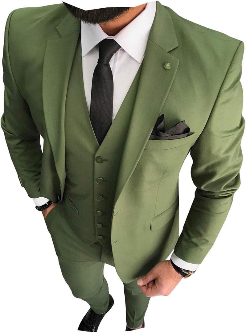 3 Pieces Business Mens Suit Notch Lapel Blazer Formal Wedding Groom Pants Tux Vest Tuxedos(Olive Green,3XL)