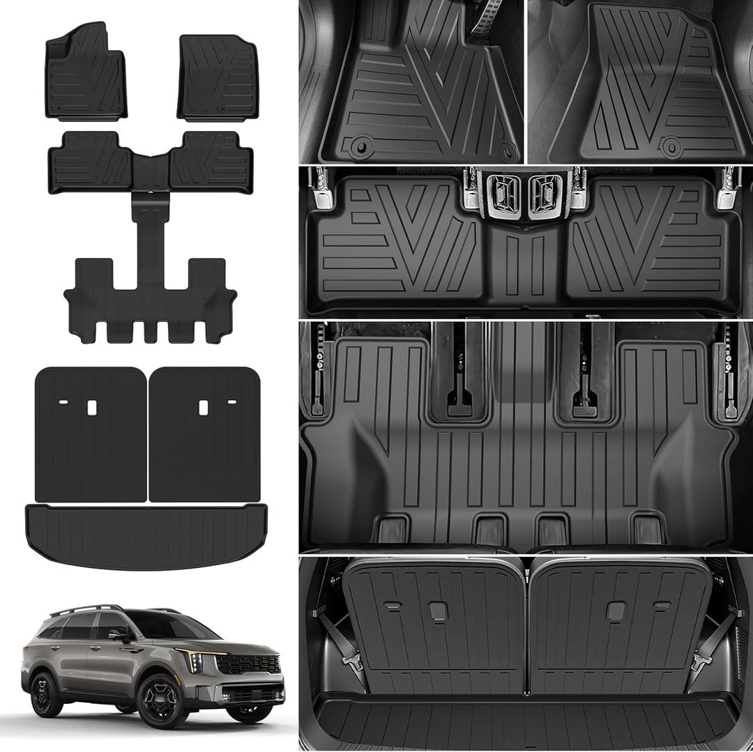TPE All-Weather Floor Mats for Kia Sorento 2021-2024 2025 (Not Hybrid) | Custom Fit Floor Mats&Trunk Mat with Backrest Mats,Durable, Odorless, Easy to Clean (6-Piece Set, Black)