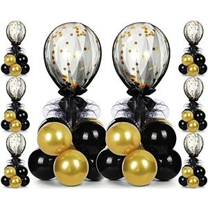 BBTO 8 Set Gold Black Table Centerpieces Balloons Stand Kit, Latex Balloons and Table Stand Holder with Base Tulle for Wedding Birthday Mother's Day Baby Shower Party