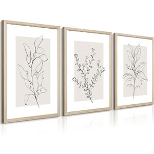 Neutral Botanical Prints Wall Art Decor Plant Minimalist Canvas Pictures Vintage Beige Wall Art Modern Farmhouse Line Poster Boho Abstract Painting Artwork for Bedroom 16x24 Inch Framed Set of 3