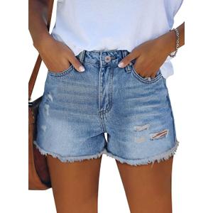 onlypuff Women Ripped Denim Shorts Distressed Mid Rise Stretchy Casual Jean Shorts (Blue, L)