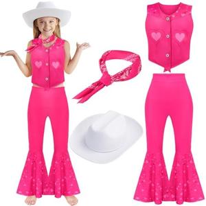 JenPen 4 Pcs Pink Cowgirl Costume Girls 70s 80s Disco Outfits Movie Heroine Dress Up Set for Halloween Cosplay Birthday Party Size 150