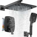 ELLO&ALLO Matte Black Bathroom Shower Faucet Set with Valve, Rainfall Shower Head with Handheld Combo, Size: Without Tub