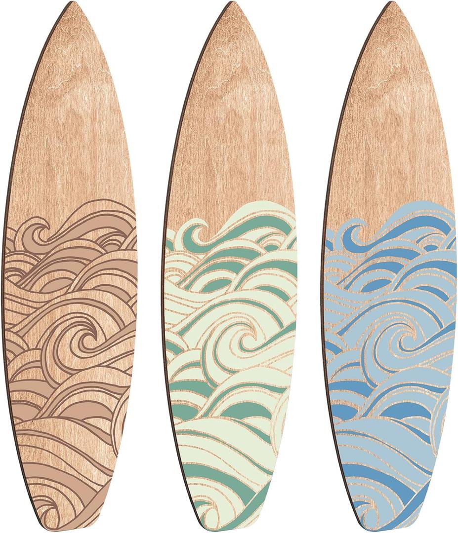 RattanView 3 Pieces Surfboard Wooden Wall Decor for Bedroom Wave Surfboard Beach Decor Summer Wood Wall Hanging Sign for Tropical Bedroom Living Room Decoration(Mixed Color,11.81" X 3.35")