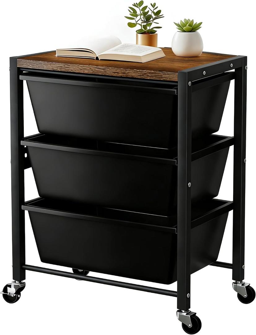 Rolling Cart with 3 Drawers, Plastic Drawer Storage Carts with Lockable Wheels & Wooden Tabletop, Metal Utility Cart Organizer, Office Bedroom Classroom Craft Organization and Storage, Dark Black