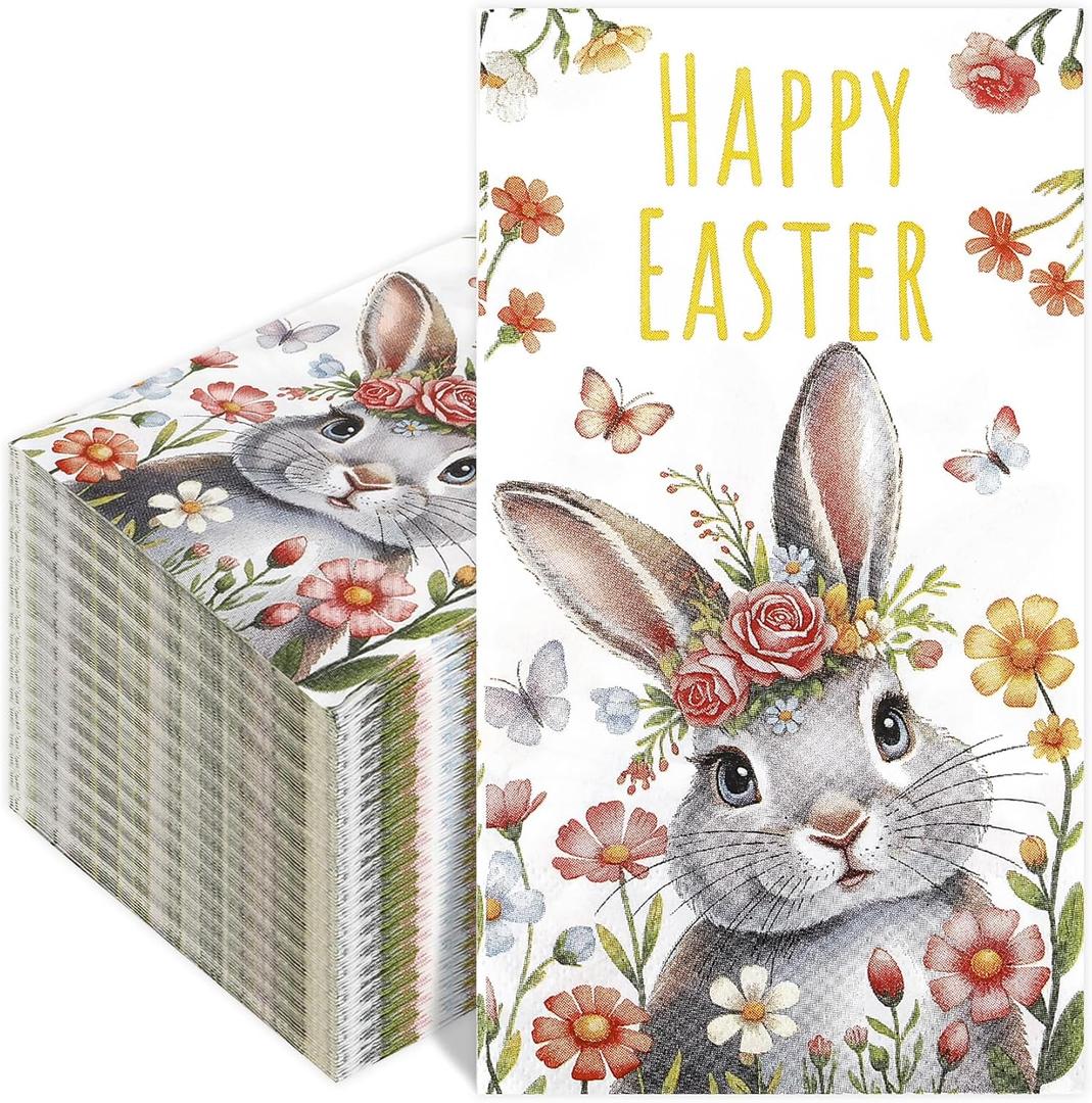 100 Pcs Happy Easter Bunny Napkins, Easter Disposable Paper Decorative Guest Napkins, Spring Bunny Rabbit Disposable Hand Towels for Lunch Dinner Kitchen Bathroom Party Table Decorations