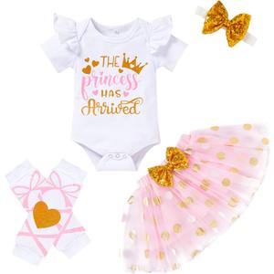 Newborn Baby Girl Outfits Infant Letter Print Romper+Tutu Skirt+Headband+Legging Warmer Coming Home Clothes Set (0-3 Months, Dot Pink)