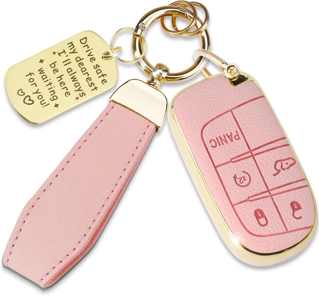 Soft TPU & Leather Key Fob Cover Compatible with Jeep Cherokee Compass Renegade Chrysler 200 300,Dodge Charger Journey Durango, with Keychain & Metal Blessing Tag (5 Button Pink)