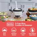 BLACK+DECKER 3-Cup Rice Cooker, RC503, 1.5-cup Uncooked Rice, Steaming Basket, Removable Non-Stick Bowl, One Touch, White