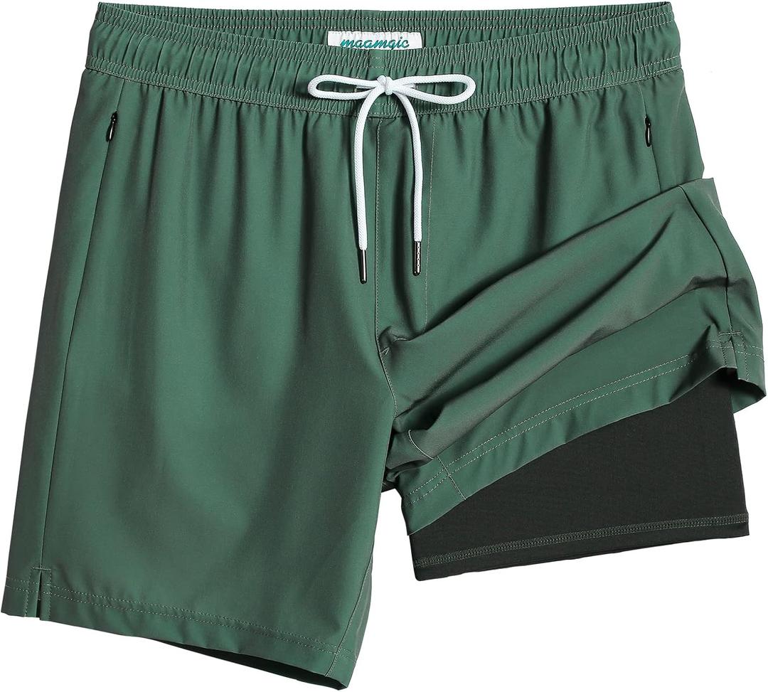 maamgic 2 in 1 Mens Swim Trunks 7 Inch Swim Shorts Swim Suits Board Shorts (X-Large, Green-army Green)