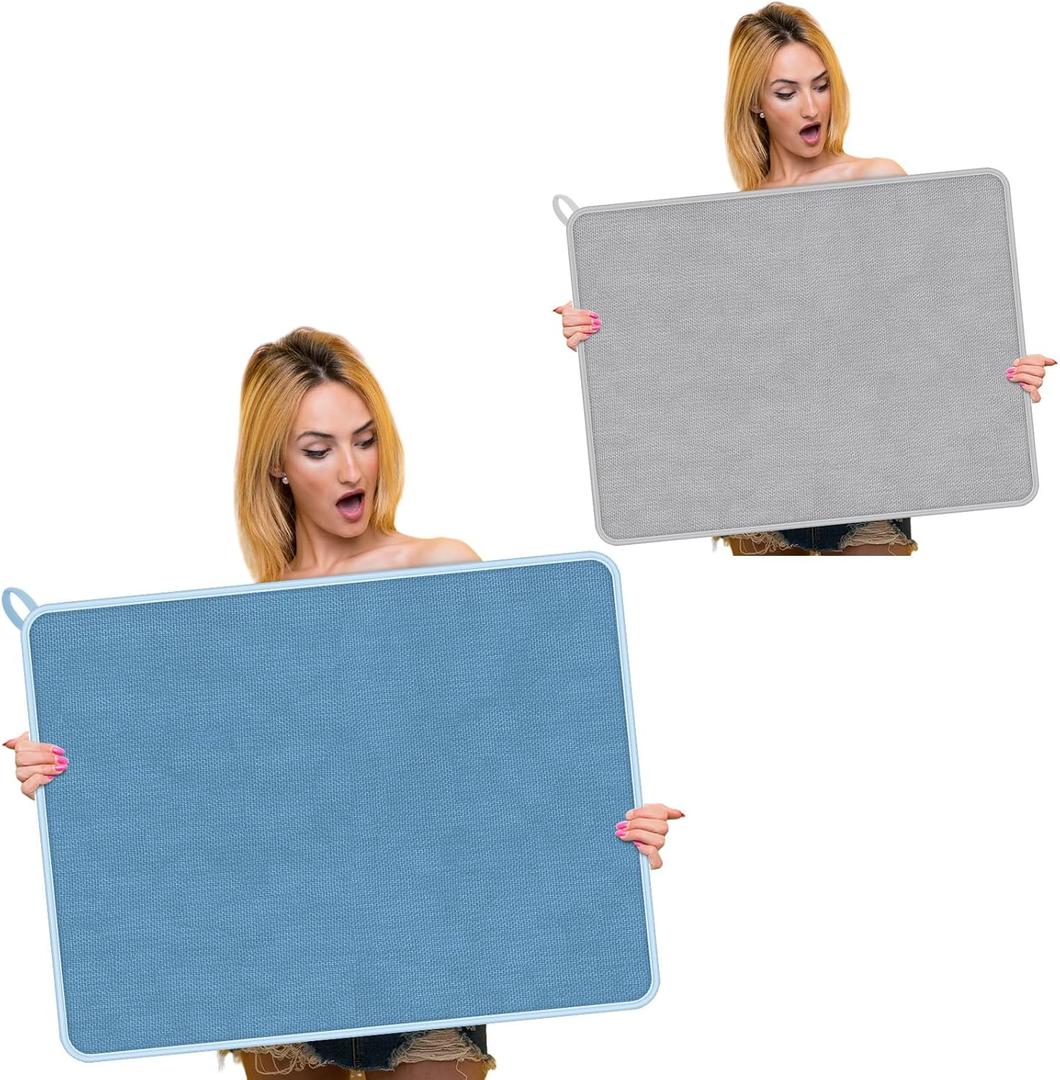 Hushee 2 Pack Extra Large Dish Drying Mat Microfiber Absorbent Dish Drying Pad Large Size Dishes Drainer Mats for Countertop, Sink, Refrigerator or Dryer (30 x 24 Inch, Blue, Gray)
