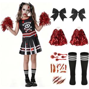 Halloween Cheerleader Costume for Girls, Zombie Cheer Uniform Outfit, Scary Cheerleading Costume for Party Dress Up (9-10Years)