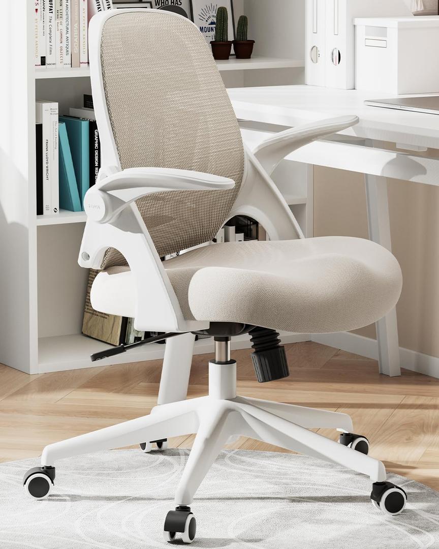 Hbada Office Desk Chair with Flip-Up Armrests and Saddle Cushion, Ergonomic Office Chair with S-Shaped Backrest, Swivel, Mesh, Grey