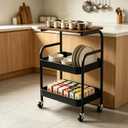 3 Tier Rolling Cart with Walnut Table Top, Sturdy Metal Storage Cart with Lockable Wheels, Multi-Purpose Mobile Shelf for Kitchen, Bedroom, Snacks, Coffee, Craft, Makeup, Garage (Black)