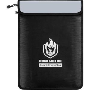 Upgraded Two Pockets Fireproof Document Bag (2000), andyer 15x 11Waterproof Fireproof Money Bag with Zipper, Waterproof Holder Pouch Fire Safe Envelope for Valuables, Legal Documents (Jet Black)