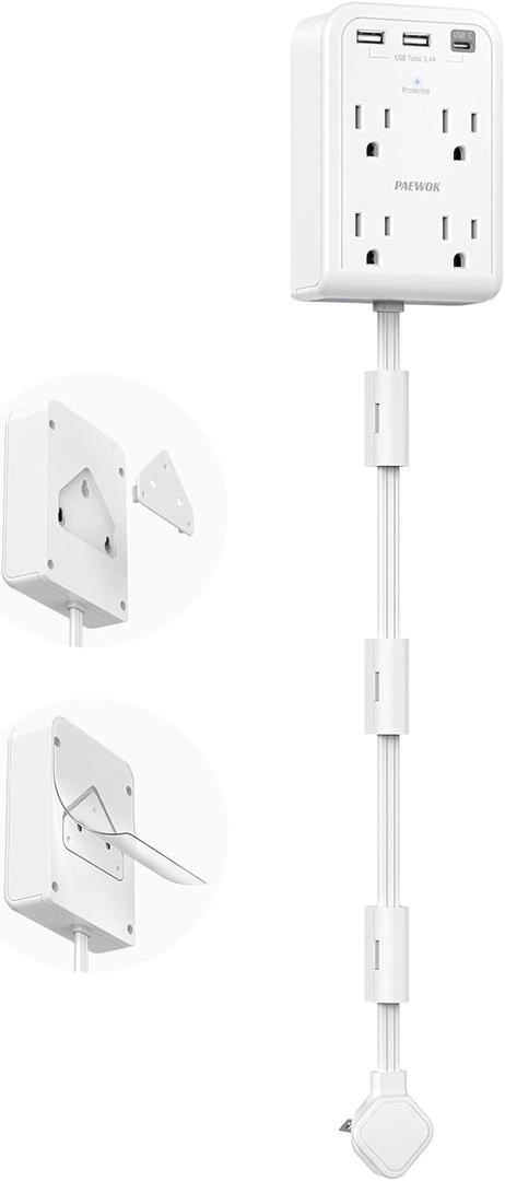 Short Power Strip 2FT - Flat Wall Extension Cord with 4AC Outlet and 3 USB Ports(1 Type C), Multi Plug Outlet Extender Small Surge Protector for Home Office Dorm, White