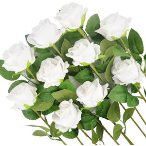 Kenpal 10 Pack White Artificial Roses- Real Touch Velvet Fake Flowers, Bendable Stems for Wedding Decor, Elegant Centerpiece, Modern Farmhouse Home (White)