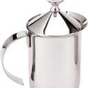 Fino Milk Creamer Frother Cappuccino Foam Pitcher with Handle and Lid, 18/8 Stainless Steel, 14-Ounce Capacity