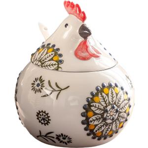 Frezonika Ceramic Salt Cellar with Lid and Spoon, 13 OZ Large Chicken Salt Jar, Salt Holder for Counter, Coffee, Sugar, Spices and Candies, Salt Containers for Countertop (Green)