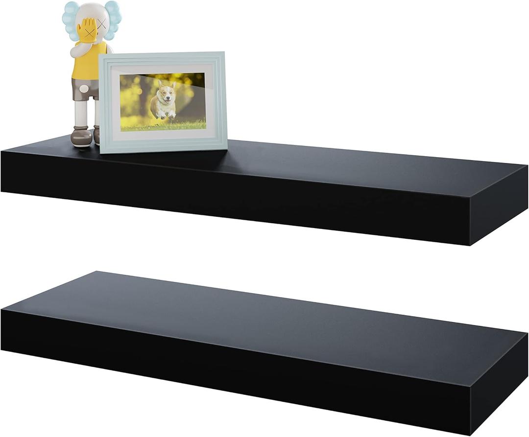 BAMEOS Floating Shelves, Black Wall Mounted Wooden Shelves with Invisible Brackets Set of 2, Hanging Wall Shelves Decoration for Bedroom, Bathroom, Living Room and Kitchen (16x6)