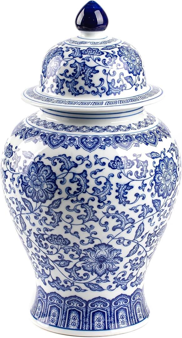 Blue and White Ginger Jar, Ceramic Chinoiserie Decorative Jars for Home, Office, Flower Vase Pocelain, Glossy Vase for Table, Living Room, Bookshelf, Mantle Fireplace, Centerpieces, 15" H