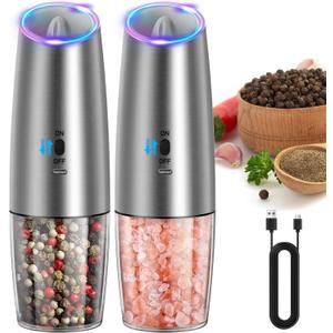 CIRCLE JOY Rechargeable Gravity Electric Salt and Pepper Grinder Set, Stainless Steels Salt and Pepper Mills with LED Light, No Battery Needed, Adjustable Coarseness, Washable 135ml Container, Silver