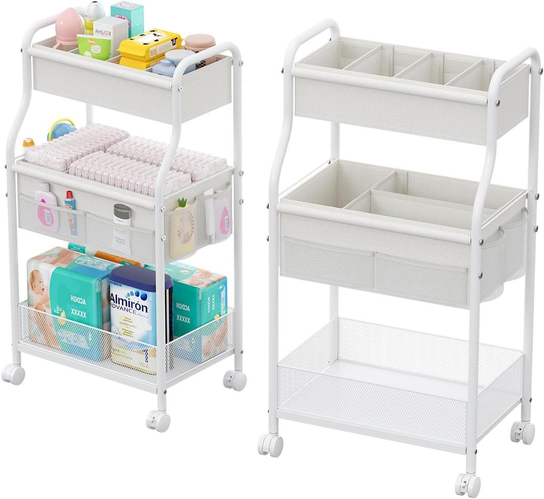 Diaper Caddy Organizer 3-Tier Rolling Cart, Metal Utility Cart with 4+2 Dividers & Lockable Silent Casters, Mobile Storage Cart for Nursery Essentials, Multi-Purpose for Kidsroom Changing Table