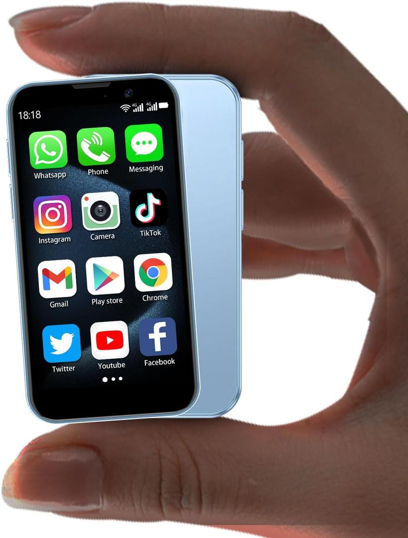 BLKE Max Mini Phone Unlocked World's Smallest 3.0" HD Touch Screen Mini Smartphone Android Compact Mobile Phone for Kids &Students Cell Phone wih Quad-Core Dual SIM Face lD2GB+16GB Blue