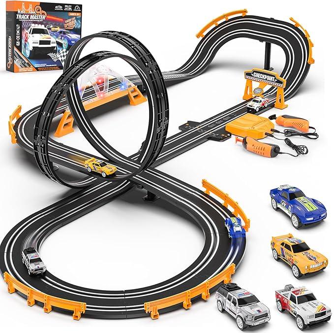 Slot Car Race Track for Kids with 4 Slot Cars, Dual Racing Electric Car Tracks Game Featuring Flash Bridge and Pendulum Toys Gifts for Boys Girls Age 6 7 8 Years Old