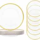 ejonirinjonir 13 Inch Clear and Gold Charger Plates, 6pcs Clear Charger Plates With Gold Beaded Rim, Chargers for Dinner Plate Plastic Perfect for Family Party and Wedding, Table Decorative